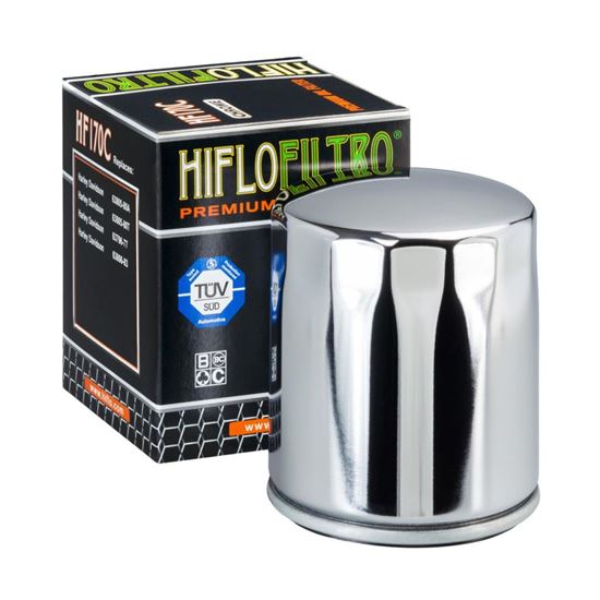 Picture of HiFlo Oil Filter Harley Davidson XLH883 86-09, XL1200 96-19, FXRS 82-94 OE Ref.63796-77, 63805-80A, 63805-80T, 63806-83 - Chrome Oil Filter (Single)
